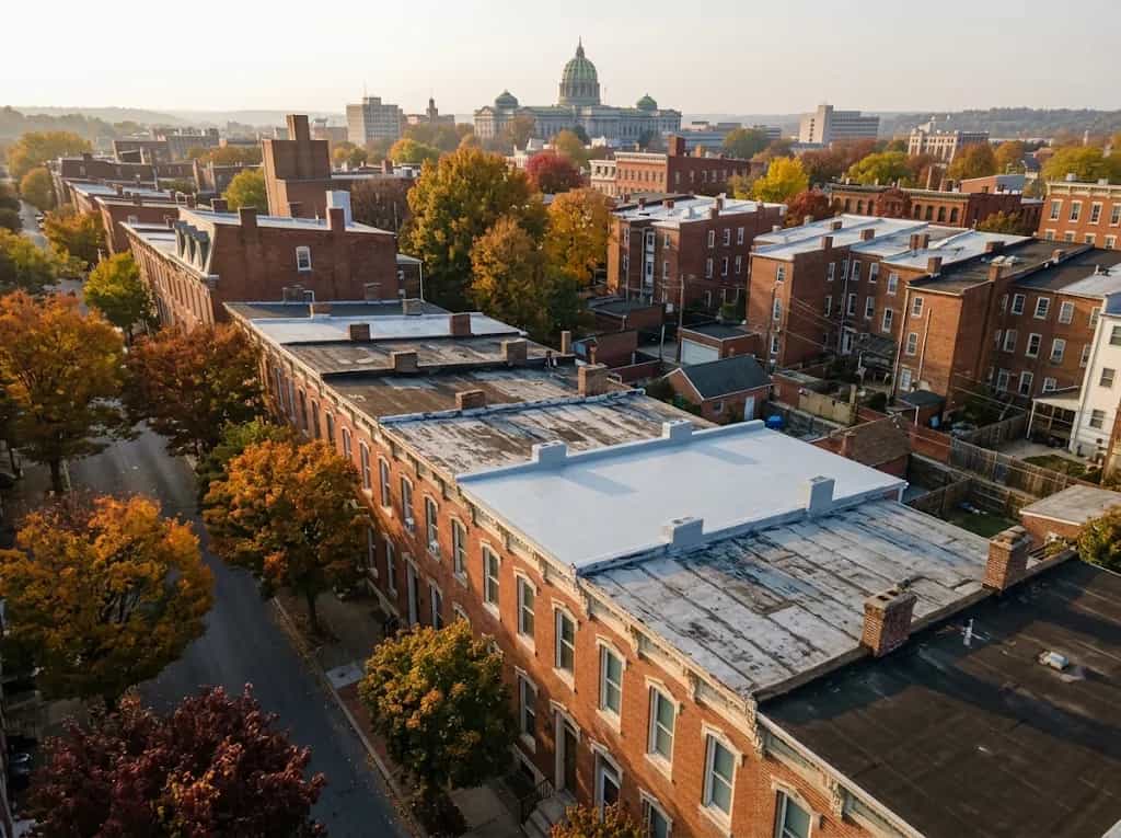 Aerial view of Midtown Harrisburg rowhouse roofs, one newly replaced, with the Capitol dome beyond